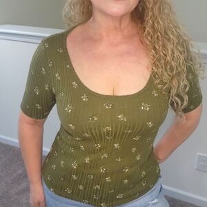 Forest Fairy ditzy floral moss green knit ribbed stretch soft t-shirt tee SZ L